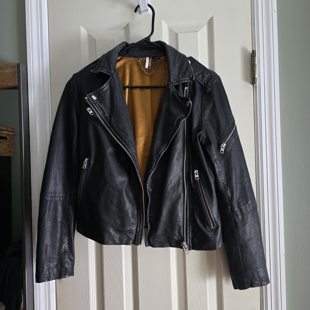 Topshop Black Leather Moto Jacket with Silver Hardware